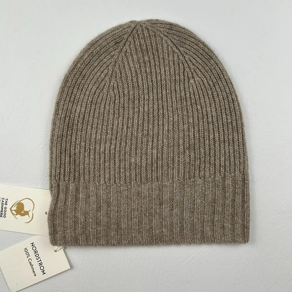Nordstrom 100% Cashmere Rib Knit Beanie Hat Taupe One Size Soft Luxury NWT